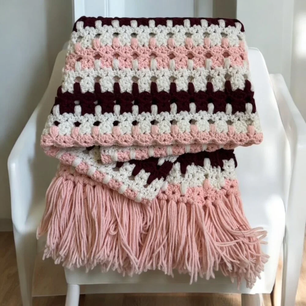 Handmade Afghan Throw w Fringe
